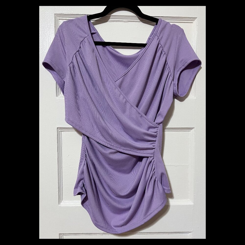 SHEIN Womens Purple Ribbed Suplice Ruched Wrap Cap Sleeve Vneck Top 1XL NWOT